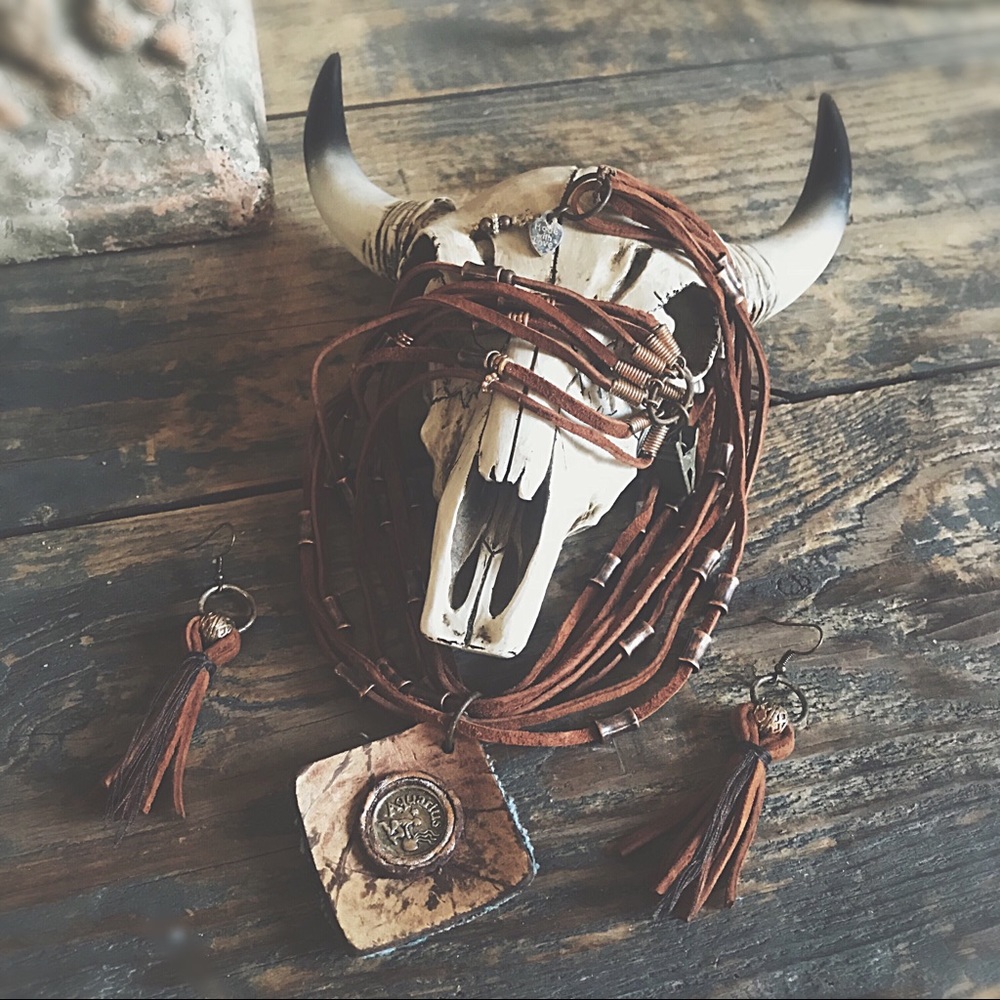 OOAK Artisan Made AQUARIUS Necklace & Earring Set | Hand Cut Leather